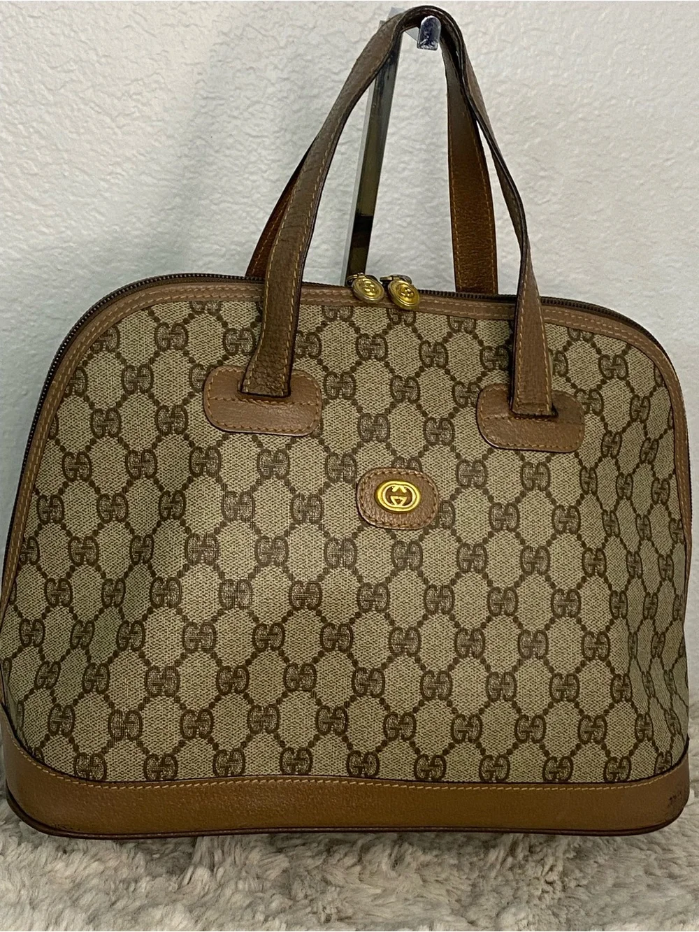 Gucci Tan & Beige GG Canvas Satchel with Gold Hardware